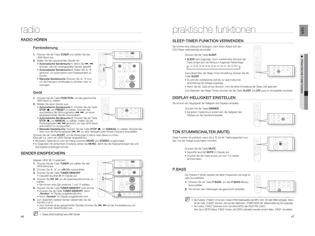 Samsung HT-A100T/EDC, HT-A100WT/XET, HT-A100T/XEU, HT-A100WT/EDC, HT-A100T/XEF, HT-A100WT/XEF Radio, Praktische funktionen 