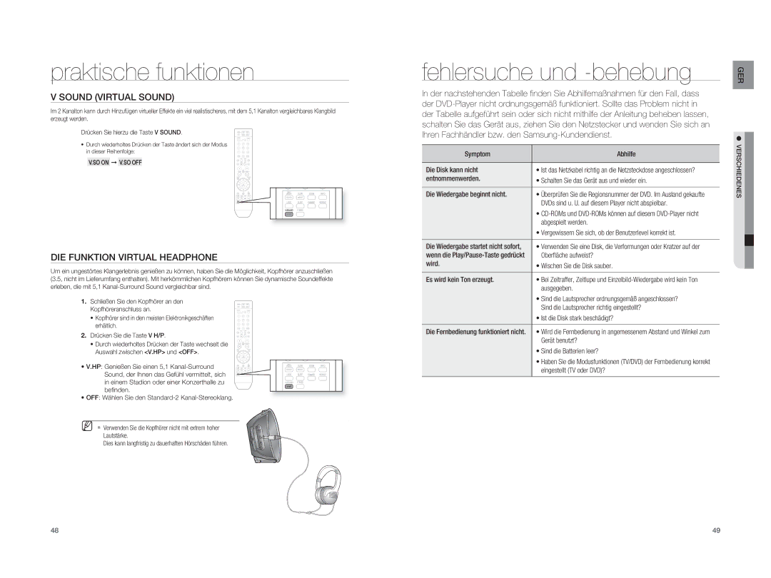 Samsung HT-A100T/XEF manual Fehlersuche und -behebung, Sound Virtual Sound, DIE Funktion Virtual Headphone, Verschiedenes 