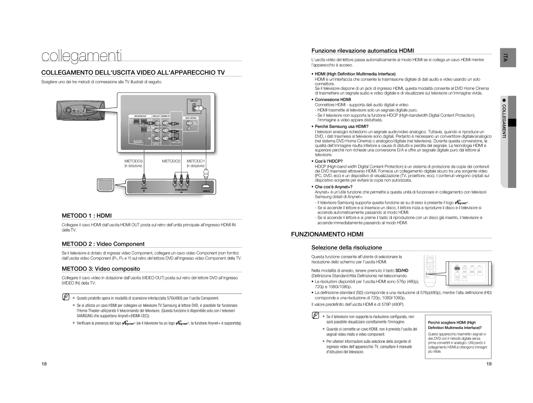 Samsung HT-A100T/XET, HT-A100WT/XET, HT-A100WT/EDC manual Collegamento Delluscita Video Allapparecchio TV, Funzionamento Hdmi 