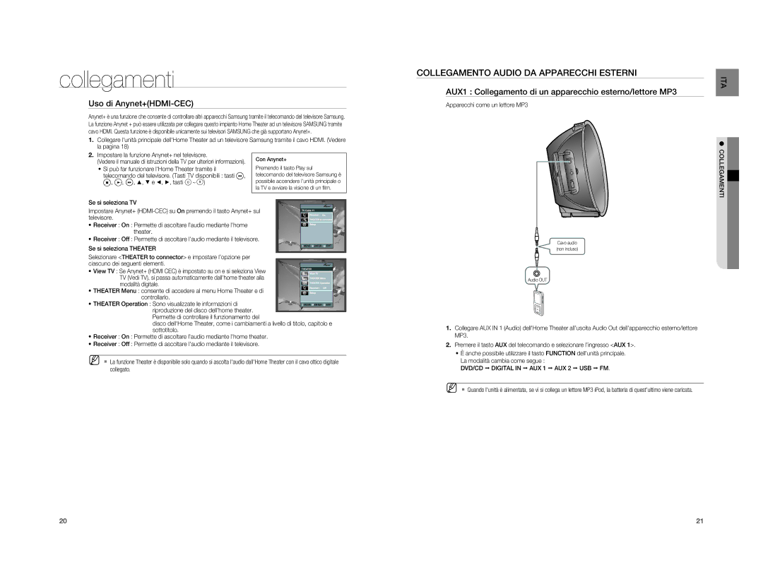 Samsung HT-A100CT/XET Collegamento Audio DA Apparecchi Esterni, Uso di Anynet+HDMI-CEC, Apparecchi come un lettore MP3 