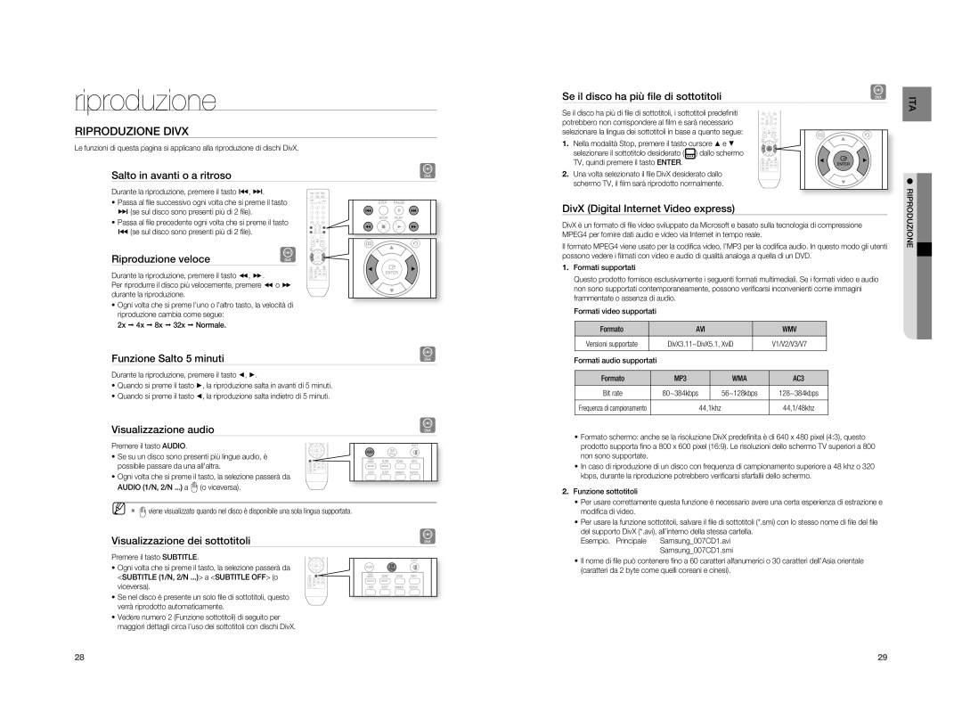 Samsung HT-A100CT/EDC, HT-A100WT/XET, HT-A100WT/EDC, HT-A100T/EDC, HT-A100T/XET, HT-A100CT/XET manual Riproduzione Divx 