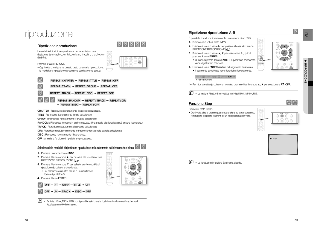 Samsung HT-A100CT/XET manual Ripetizione riproduzione A-B, Funzione Step, OFF A- Chap Title OFF OFF A- Track Disc OFF 