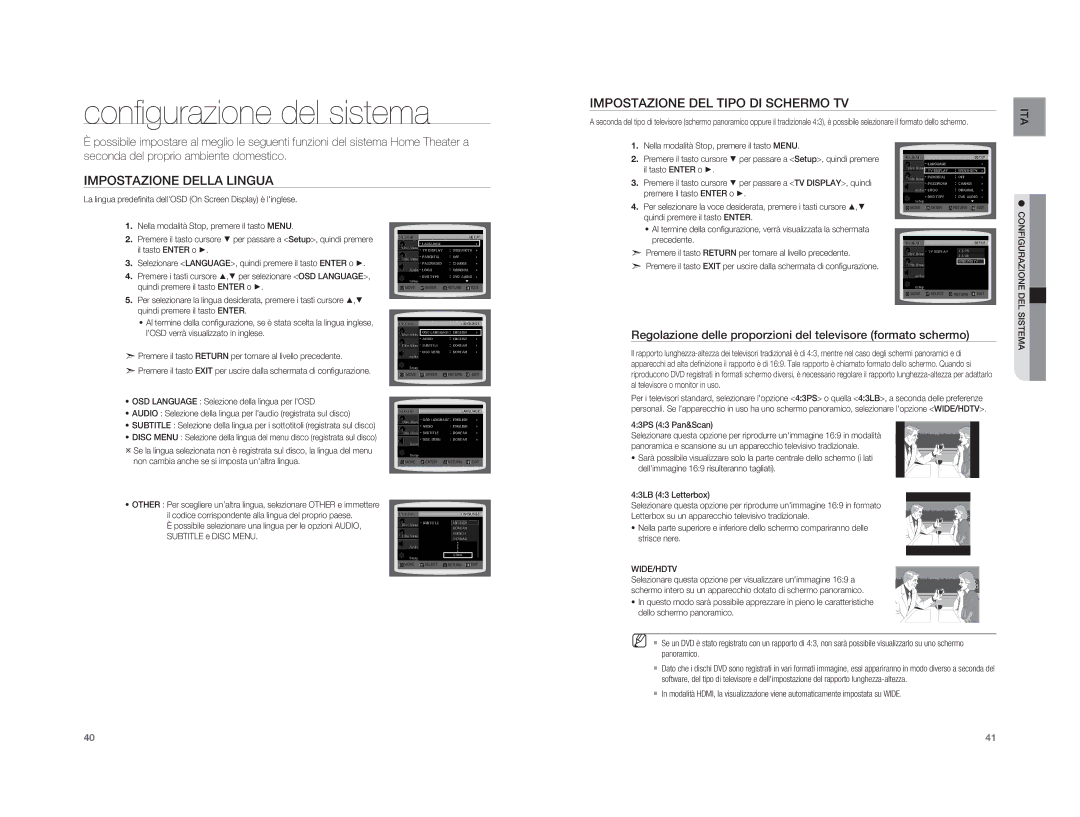 Samsung HT-A100CT/EDC manual Conﬁ gurazione del sistema, Impostazione Della Lingua, Impostazione DEL Tipo DI Schermo TV 