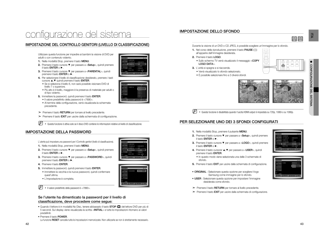 Samsung HT-A100T/XET Impostazione Della Password Impostazione Dello Sfondo, PER Selezionare UNO DEI 3 Sfondi Configurati 