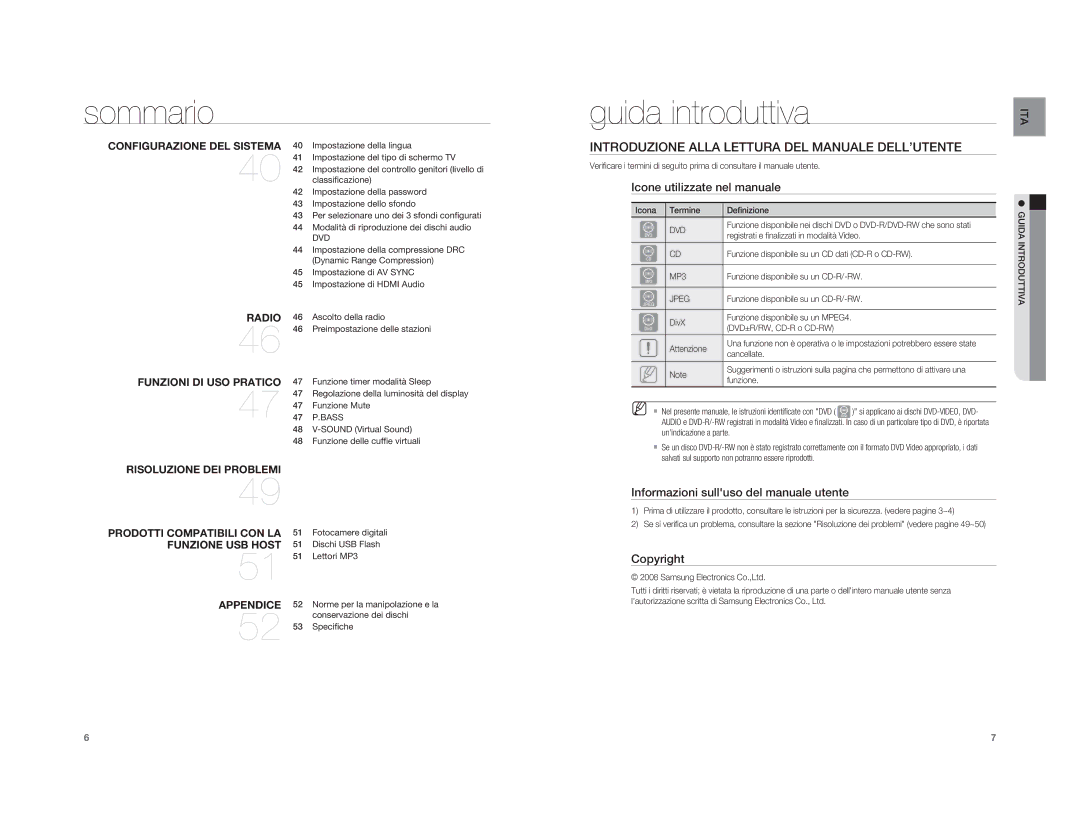 Samsung HT-A100T/XET Guida introduttiva, Introduzione Alla Lettura DEL Manuale DELL’UTENTE, Icone utilizzate nel manuale 