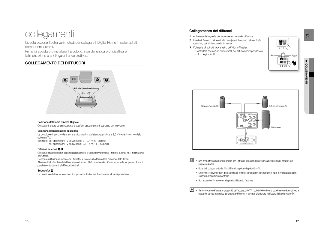 Samsung HT-A100CT/EDC, HT-A100WT/XET, HT-A100WT/EDC Collegamenti, Collegamento DEI Diffusori, Collegamento dei diffusori 