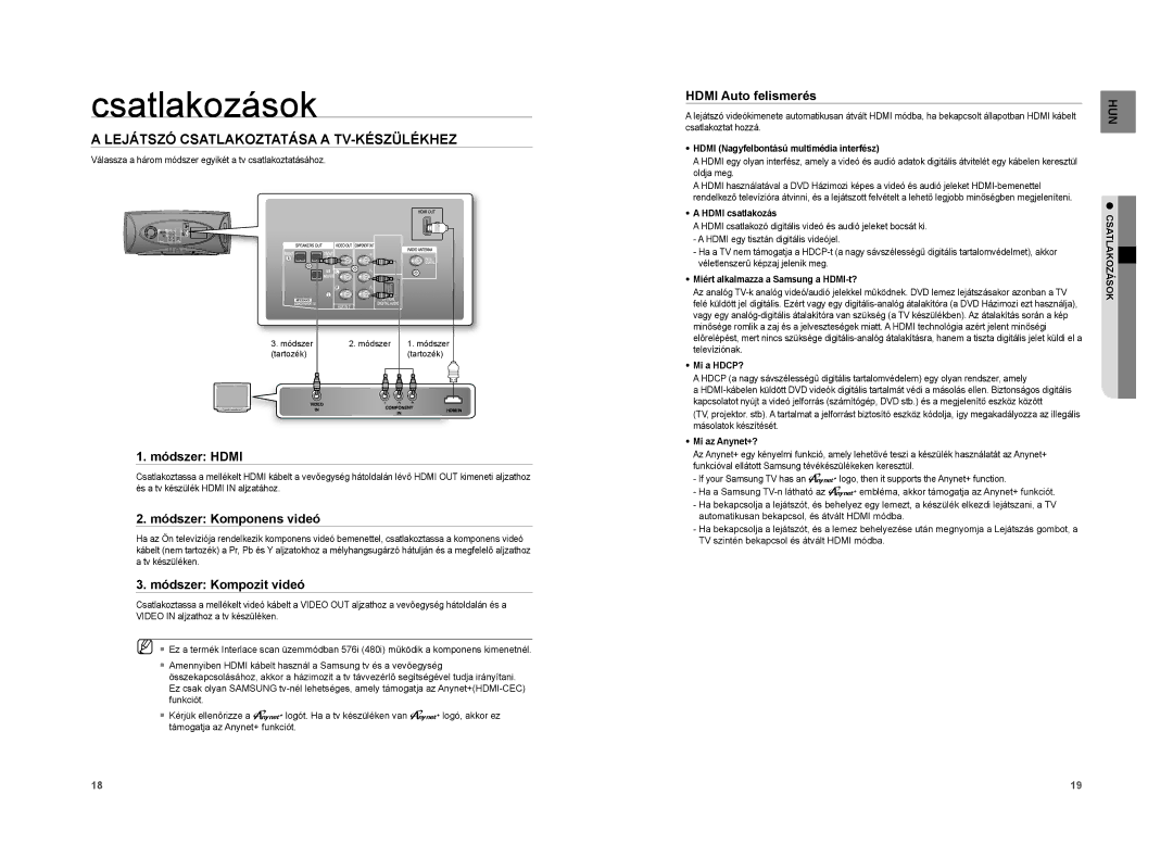 Samsung HT-A100CT/XET, HT-A100WT/XET manual Lejátszó Csatlakoztatása a TV-KÉSZÜLÉKHEZ, Módszer Hdmi, Módszer Komponens videó 