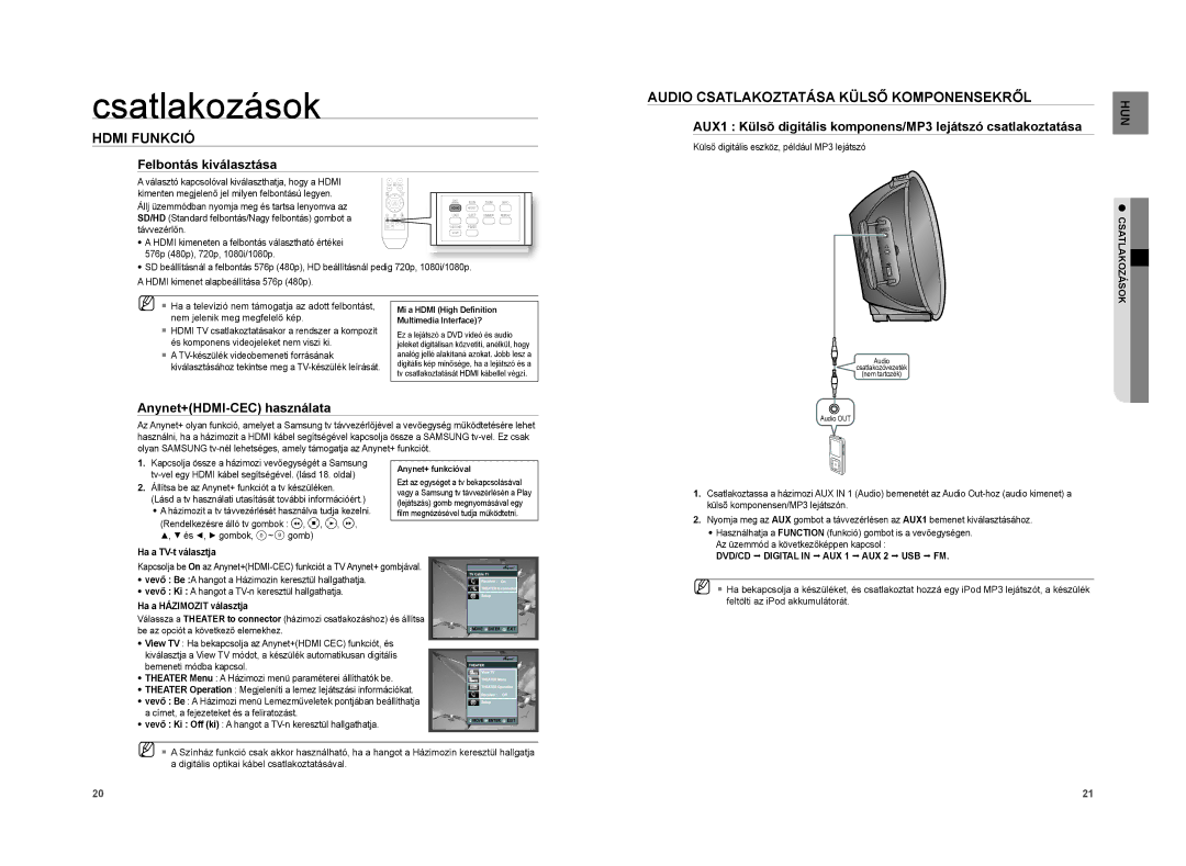 Samsung HT-A100T/XEE, HT-A100WT/XET manual Hdmi Funkció, Audio Csatlakoztatása Külső Komponensekről, Felbontás kiválasztása 