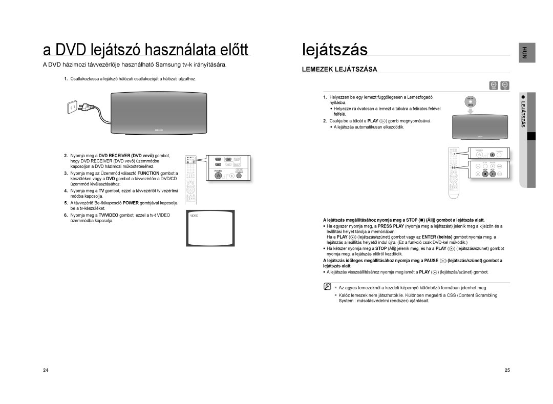 Samsung HT-A100WT/EDC, HT-A100WT/XET, HT-A100T/EDC, HT-A100T/XET manual DVD lejátszó használata előtt, Lemezek Lejátszása 