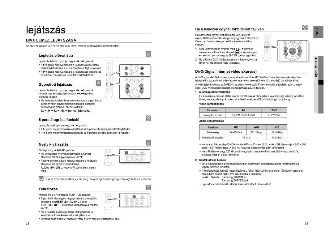 Samsung HT-A100T/XET, HT-A100WT/XET, HT-A100WT/EDC, HT-A100T/EDC, HT-A100CT/XET, HT-A100T/XEE manual Divx Lemez Lejátszása 