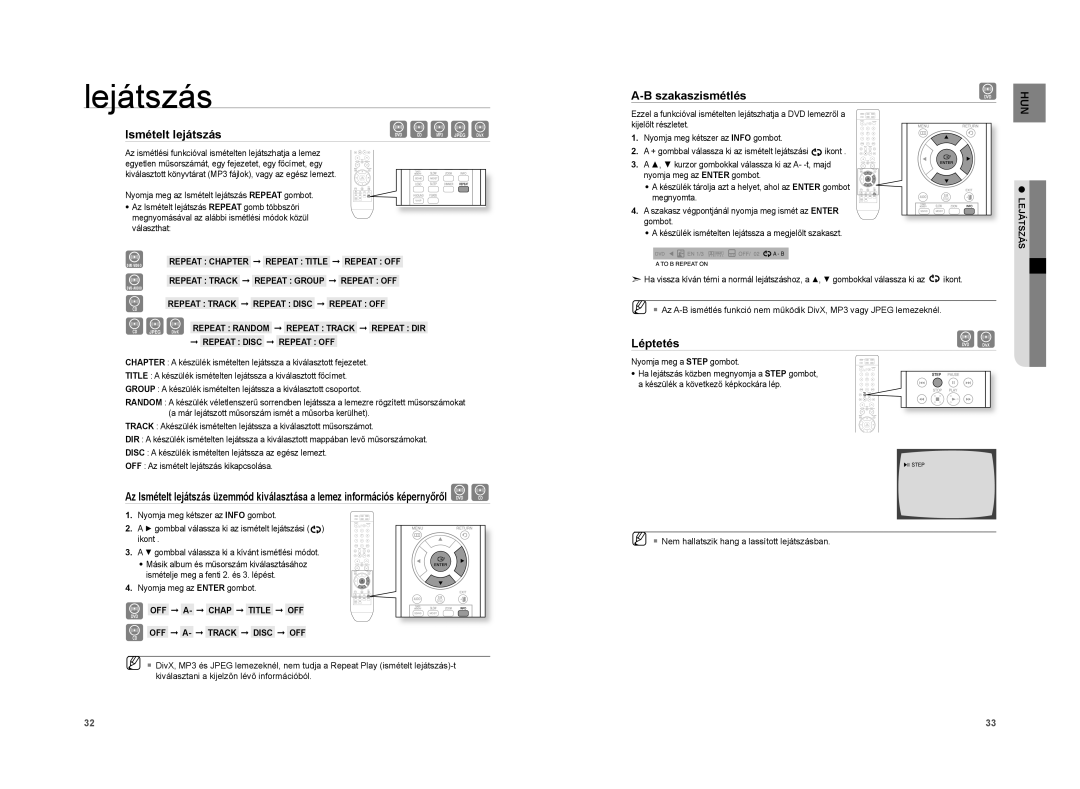 Samsung HT-A100T/XEE, HT-A100WT/XET Ismételt lejátszás, Szakaszismétlés, Léptetés, Repeat Chapter Repeat Title Repeat OFF 