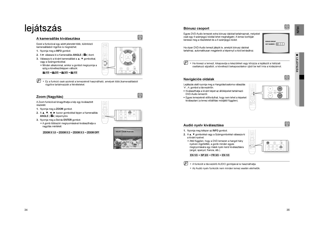 Samsung HT-A100WT/XET, HT-A100WT/EDC manual Kameraállás kiválasztása, Zoom Nagyítás, Audió nyelv kiválasztása, Zoom OFF 