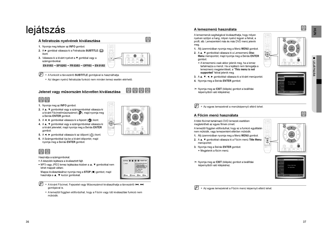 Samsung HT-A100WT/EDC, HT-A100WT/XET Feliratozás nyelvének kiválasztása, Jelenet vagy műsorszám közvetlen kiválasztása 