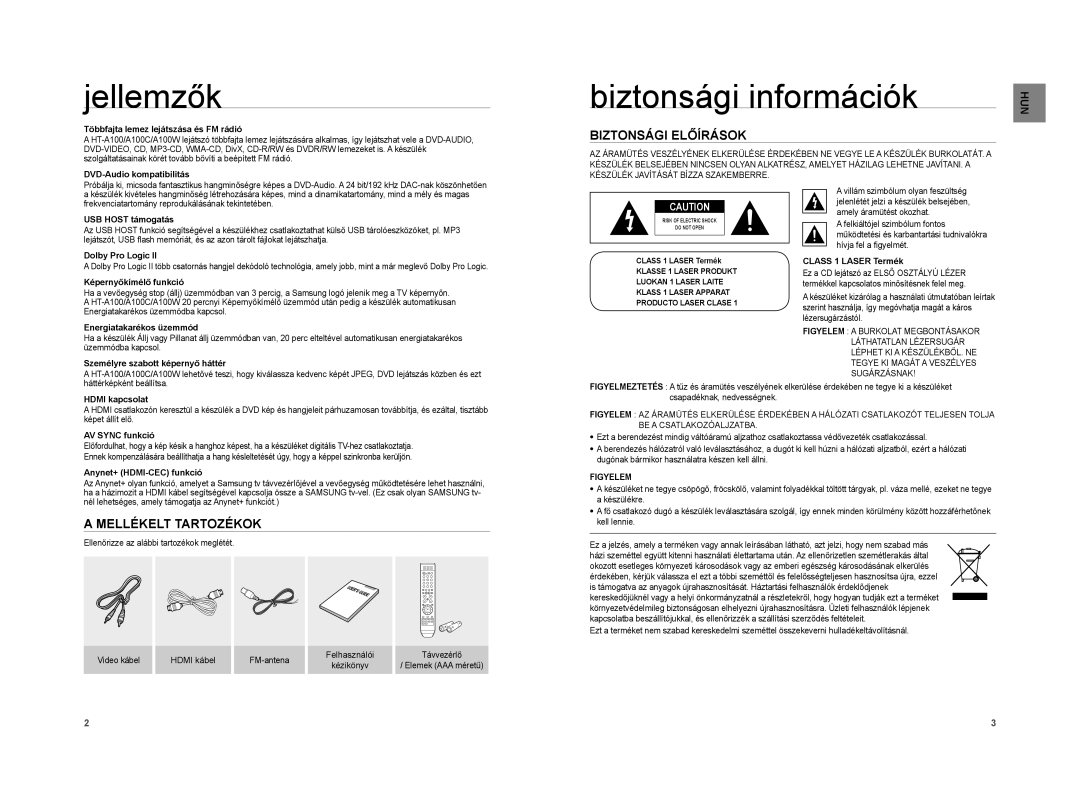 Samsung HT-A100T/EDC, HT-A100T/XET Jellemzők, Biztonsági információk, Biztonsági Előírások, Mellékelt Tartozékok, Figyelem 