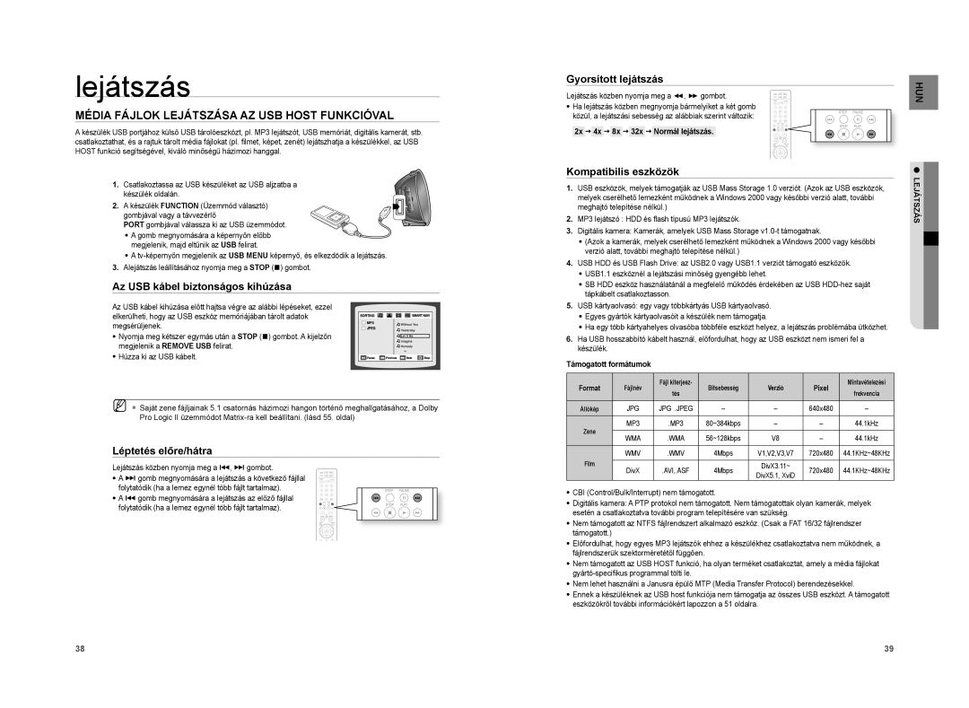 Samsung HT-A100T/EDC, HT-A100WT/XET manual Média Fájlok Lejátszása AZ USB Host Funkcióval, Az USB kábel biztonságos kihúzása 