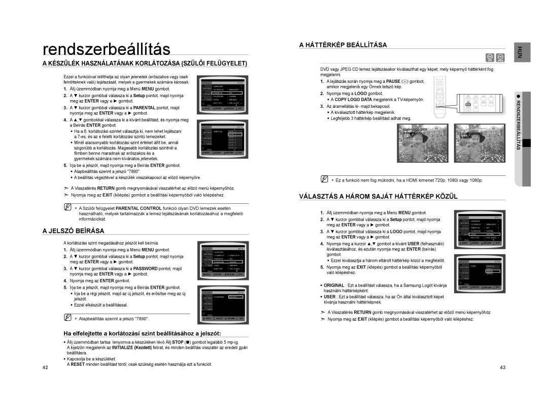 Samsung HT-A100CT/XET manual Készülék Használatának Korlátozása Szülői Felügyelet, Jelszó Beírása Háttérkép Beállítása 