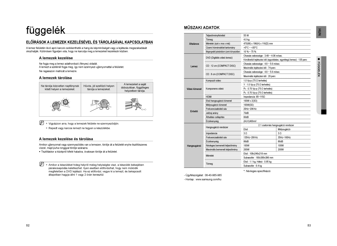 Samsung HT-A100T/XET, HT-A100WT/XET Függelék, Előírások a Lemezek Kezelésével ÉS Tárolásával Kapcsolatban, Műszaki Adatok 