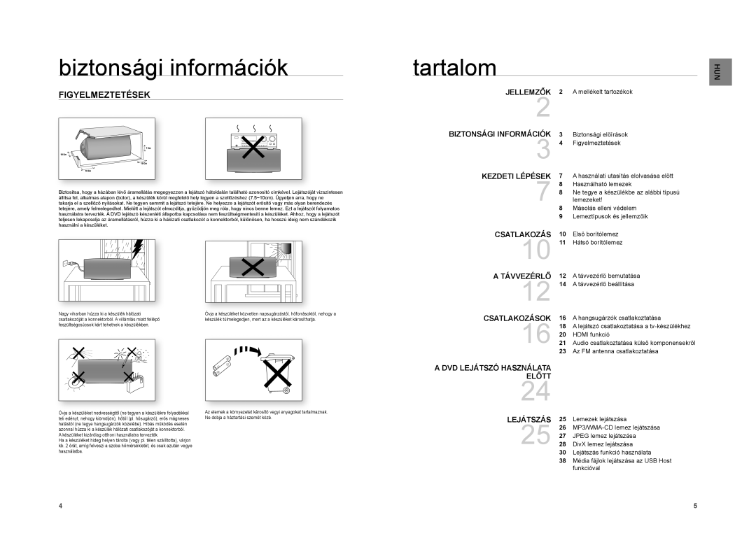 Samsung HT-A100T/XET, HT-A100WT/XET, HT-A100WT/EDC, HT-A100T/EDC, HT-A100CT/XET, HT-A100T/XEE manual Tartalom, Figyelmeztetések 