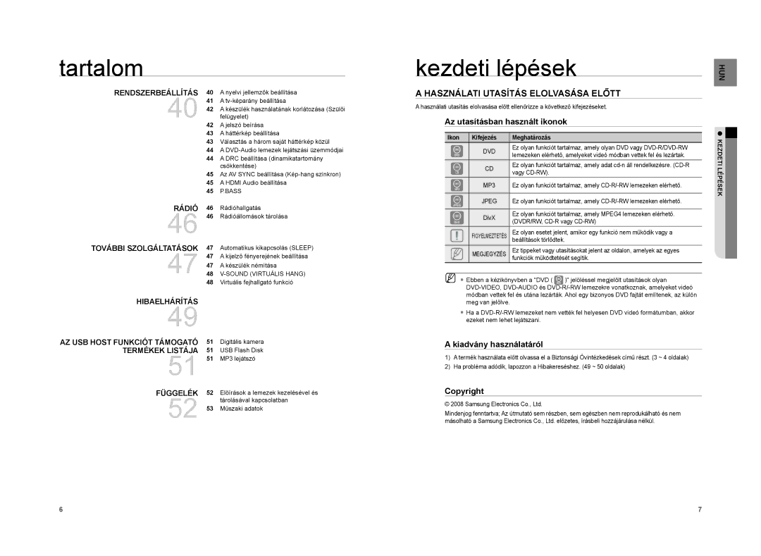 Samsung HT-A100CT/XET manual Tartalom Kezdeti lépések, Használati Utasítás Elolvasása Előtt, Az utasításban használt ikonok 