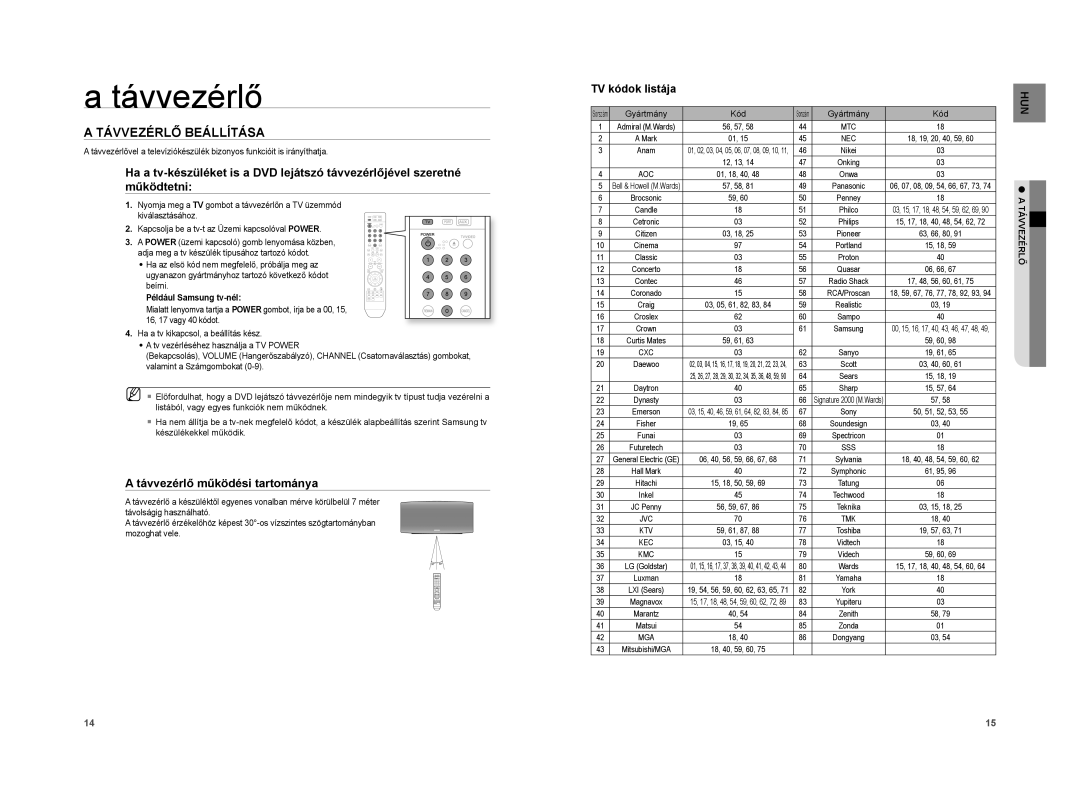 Samsung HT-A100T/EDC, HT-A100WT/XET Távvezérlő Beállítása, Távvezérlő működési tartománya, Például Samsung tv-nél, Ktv 