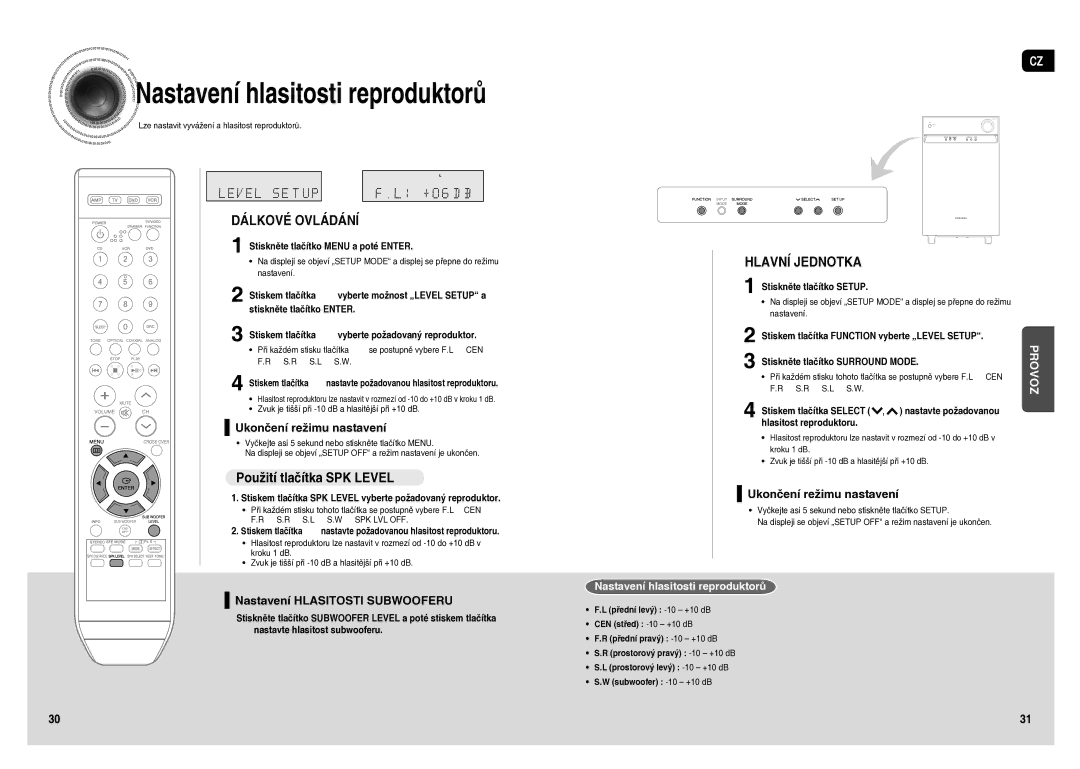 Samsung HT-AS1T/XEO manual Použití tlačítka SPK Level, Nastavení Hlasitosti Subwooferu, Nastavení hlasitosti reproduktorů 