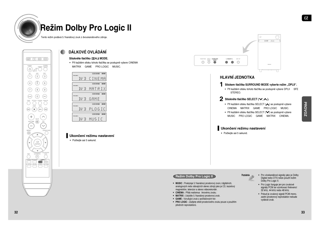 Samsung HT-AS1T/XEO Režim Dolby Pro Logic, Stiskněte tlačítko Mode, Stiskem tlačítka Surround Mode vyberte režim „DPLII 