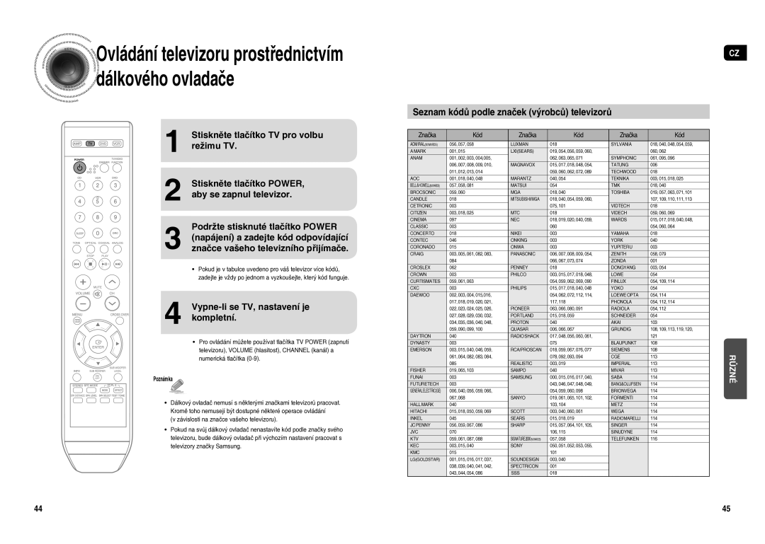 Samsung HT-AS1T/XEO manual Seznam kódů podle značek výrobců televizorů, Vypne-li se TV, nastavení je kompletní 