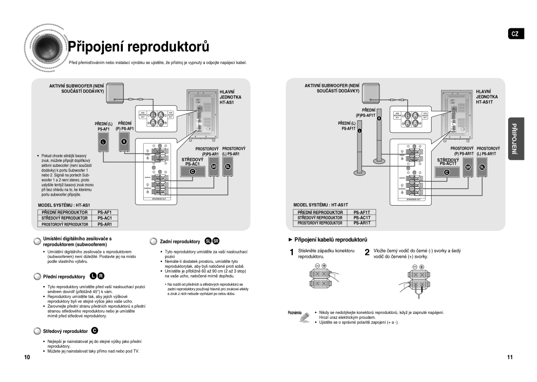 Samsung HT-AS1T/XEO manual Připojení kabelů reproduktorů, Přední reproduktory, Zadní reproduktory, Středový reproduktor 