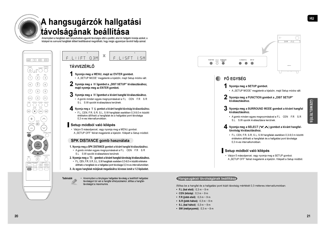 Samsung HT-AS1T/XEO manual SPK Distance gomb használata, Hangsugárzó távolságának beállítása 