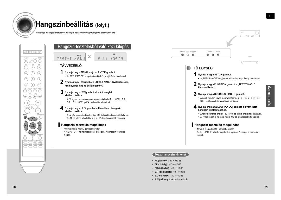 Samsung HT-AS1T/XEO manual Hangszínbeállítás folyt, Teszt-hangszín kimenet, Nyomja meg a Function gombot a „TEST-T Manu 