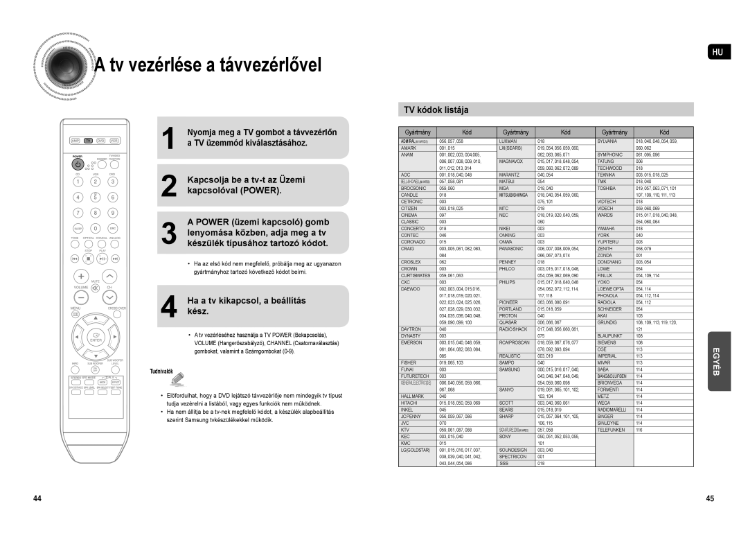 Samsung HT-AS1T/XEO manual Tv vezérlése a távvezérlővel, TV kódok listája 