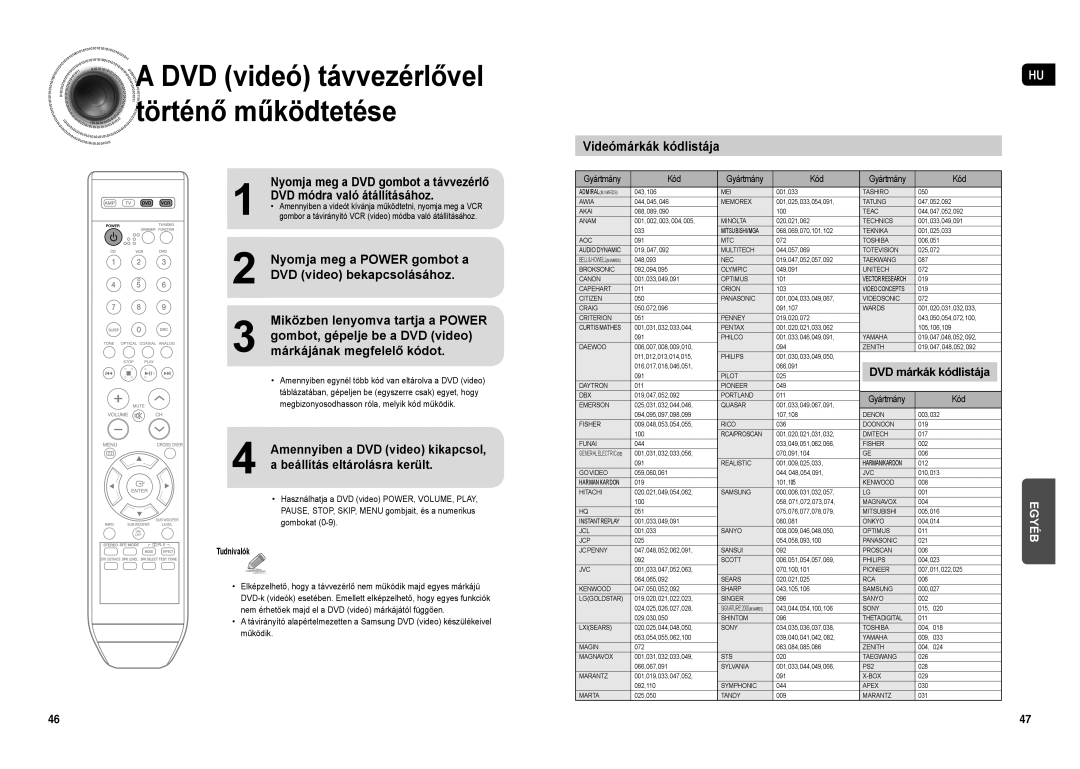 Samsung HT-AS1T/XEO manual DVD videó távvezérlővel Történ ő működtetése, Videómárkák kódlistája, DVD márkák kódlistája 