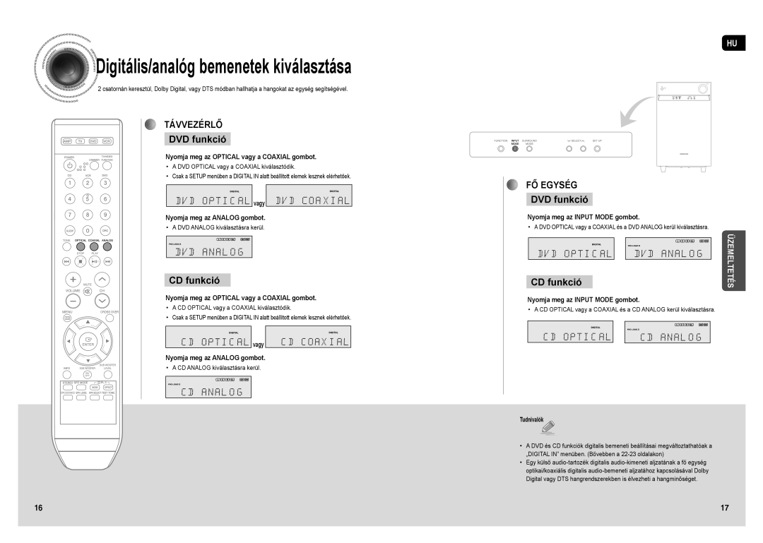 Samsung HT-AS1T/XEO manual Digitális/analóg bemenetek kiválasztása, DVD funkció, CD funkció 