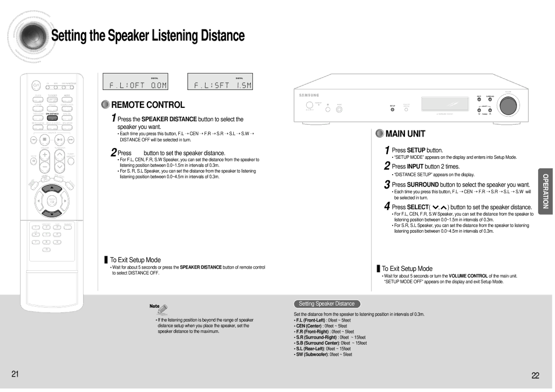 Samsung HT-AS600 Press …† button to set the speaker distance, Press Input button 2 times, Setting Speaker Distance 