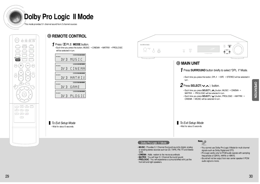 Samsung HT-AS600 Dolby Pro Logic ll Mode, Press Mode button, Press Surround button briefly to select DPL ll Mode 