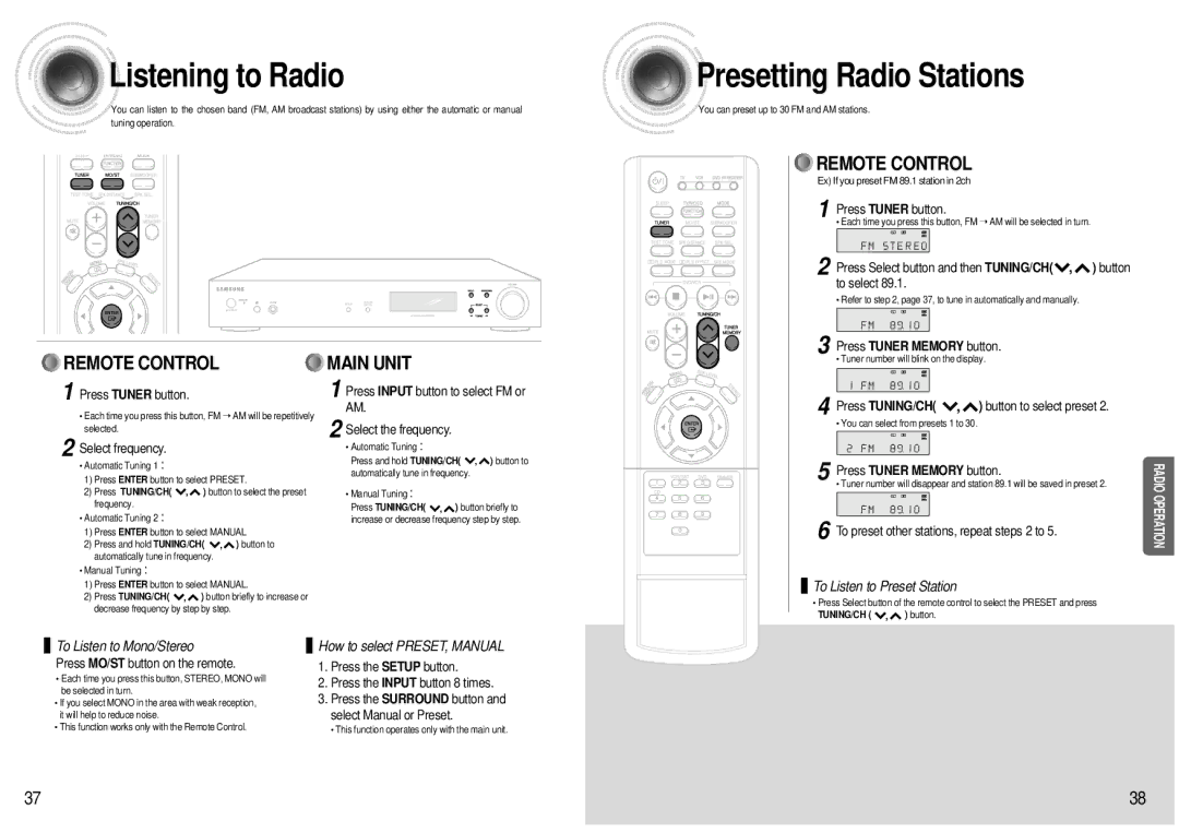 Samsung HT-AS600 instruction manual Listening to Radio, Presetting Radio Stations 