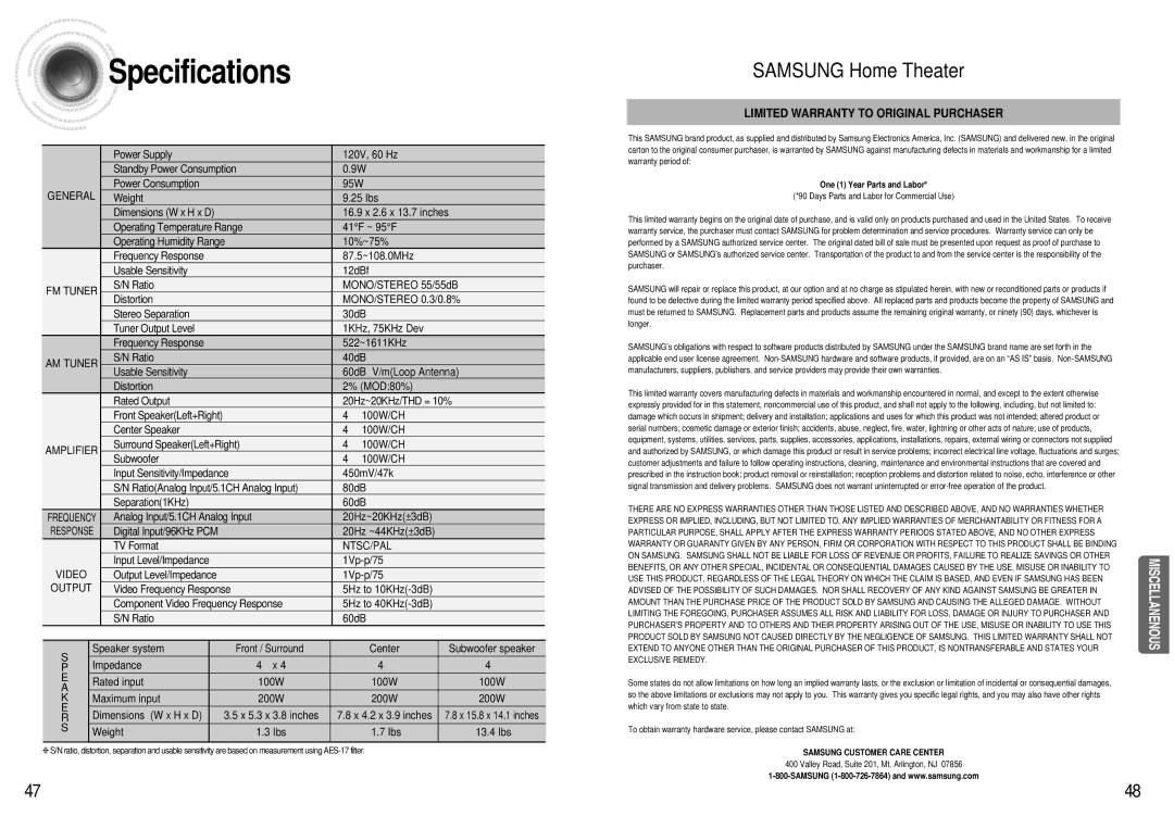 Samsung HT-AS600 instruction manual Specifications, Video 