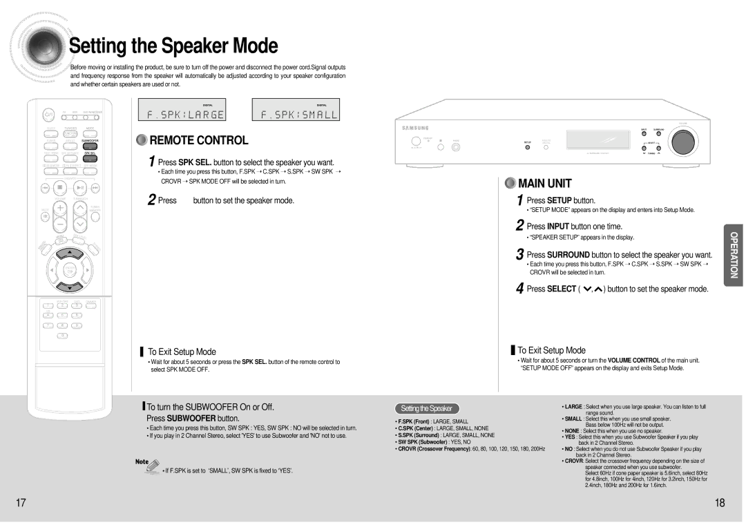 Samsung HT-AS600 instruction manual Setting the Speaker Mode 