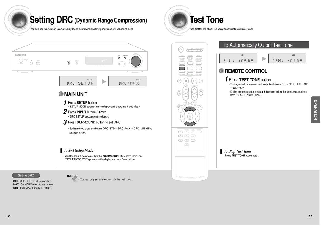 Samsung HT-AS600 Press Test Tone button, Press Input button 3 times, Press Surround button to set DRC, Setting DRC 