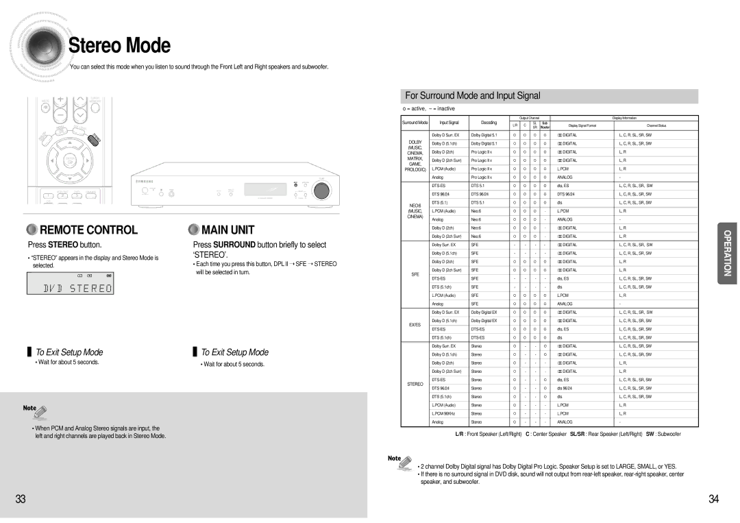 Samsung HT-AS600 instruction manual Stereo Mode, For Surround Mode and Input Signal, Press Stereo button 