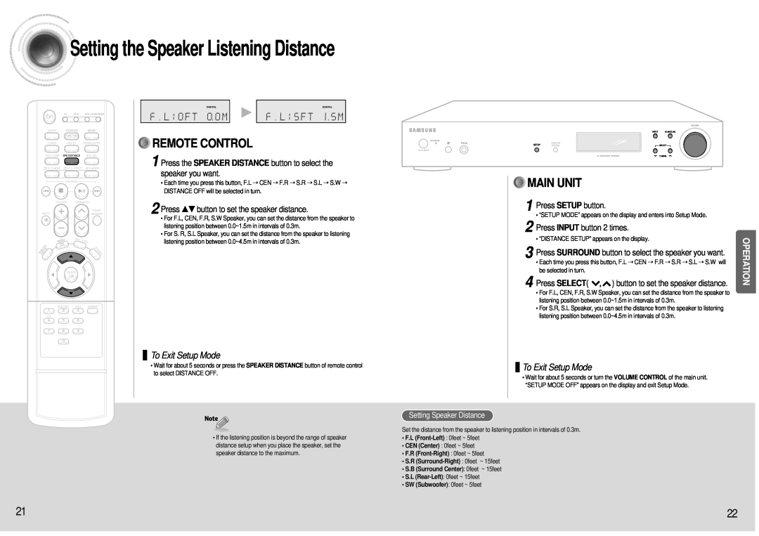 Samsung HT-AS600 Setting the Speaker Listening Distance, Remote Control, Main Unit, Operation, To Exit Setup Mode 