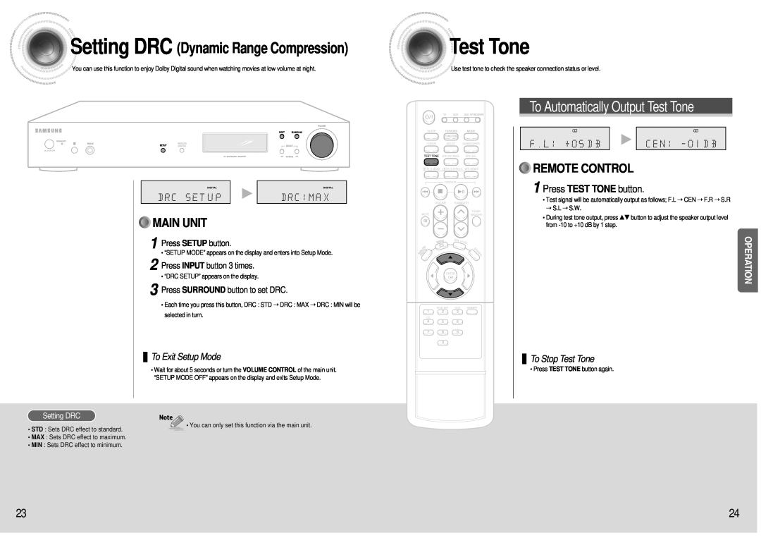 Samsung HT-AS600 To Automatically Output Test Tone, Setting DRC Dynamic Range Compression, Main Unit, Remote Control 