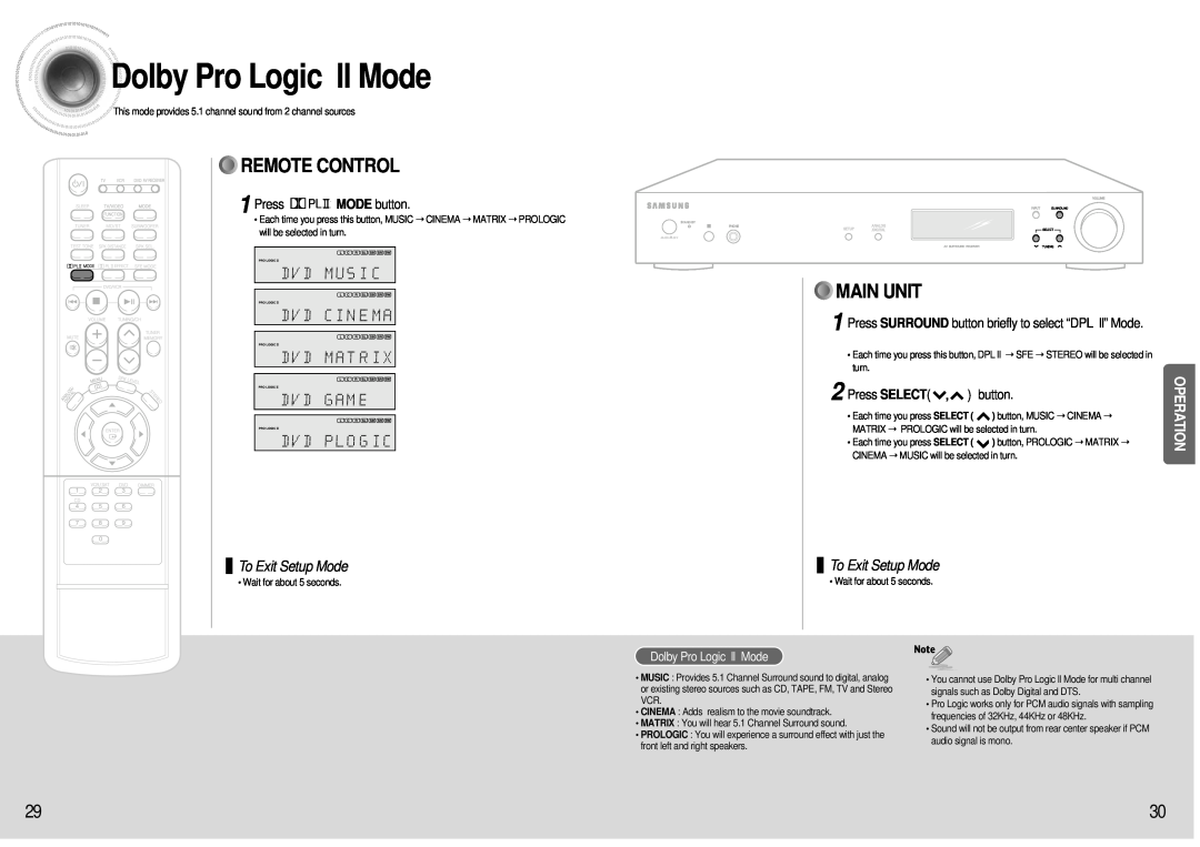 Samsung HT-AS600 Dolby Pro Logic ll Mode, Remote Control, Main Unit, Press MODE button, To Exit Setup Mode, Press SELECT 