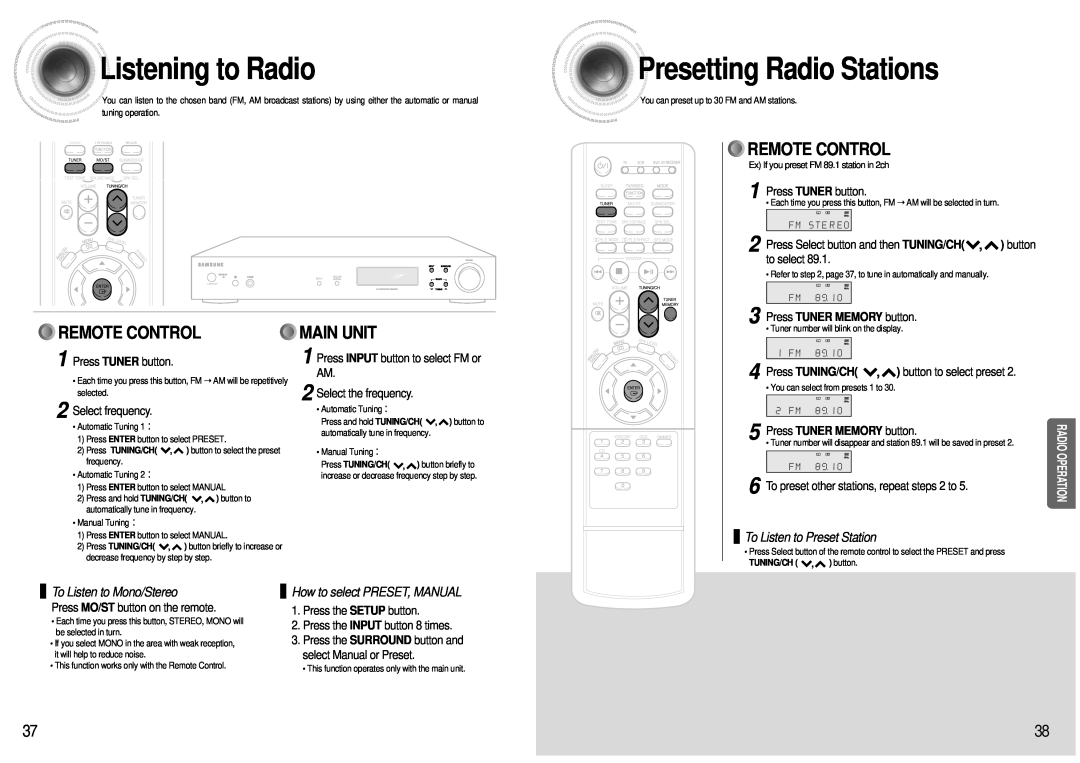 Samsung HT-AS600 Listening to Radio, Presetting Radio Stations, Main Unit, Radio Operation, Remote Control 