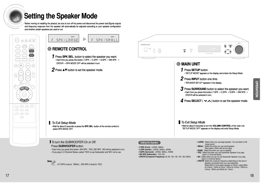 Samsung HT-AS600 Setting the Speaker Mode, Operation, Press …† button to set the speaker mode, To Exit Setup Mode 