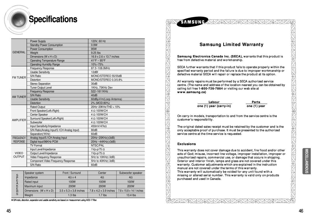 Samsung HT-AS600 Specifications, Samsung Limited Warranty, Miscellanenous, Exclusions, Labour, Parts, one 1 year carry-in 