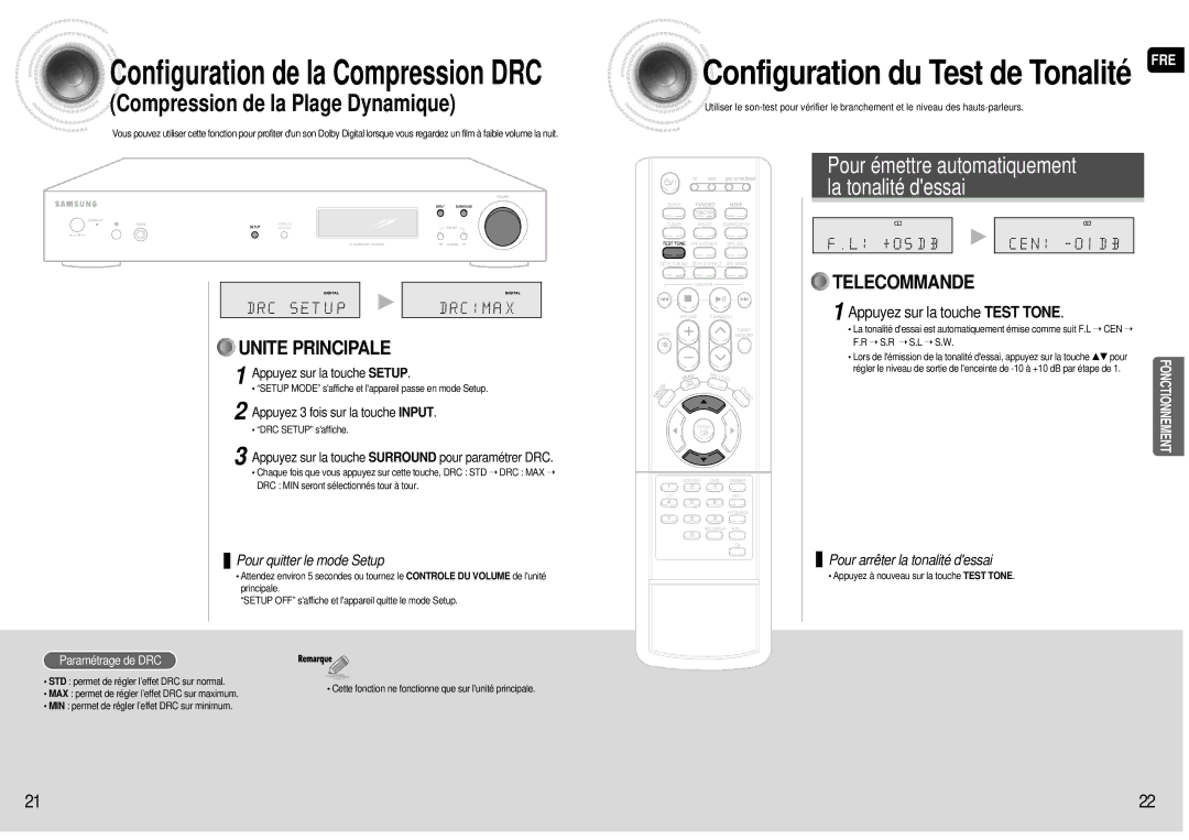 Samsung HT-AS600R/ELS manual Appuyez sur la touche Test Tone, Appuyez 3 fois sur la touche Input, Paramétrage de DRC 