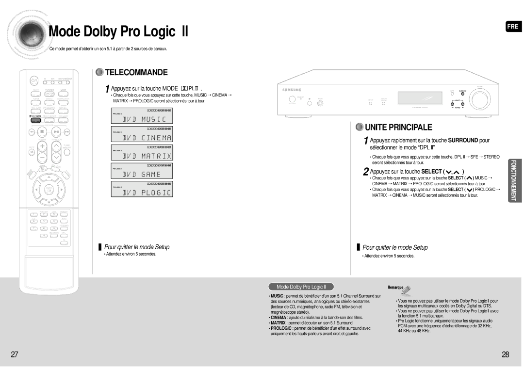 Samsung AV-R600R/ELS, HT-AS600R/ELS manual Mode Dolby Pro Logic ll, Appuyez sur la touche Mode 