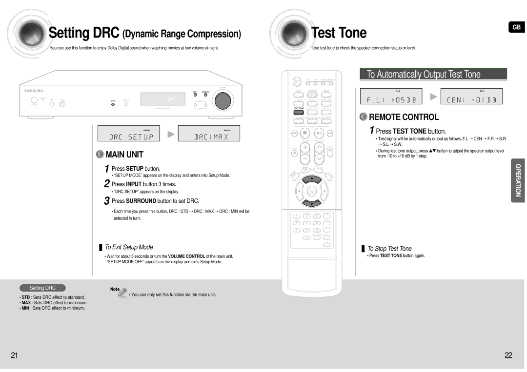 Samsung HT-AS600R/ELS manual Press Test Tone button, Press Input button 3 times, Press Surround button to set DRC 