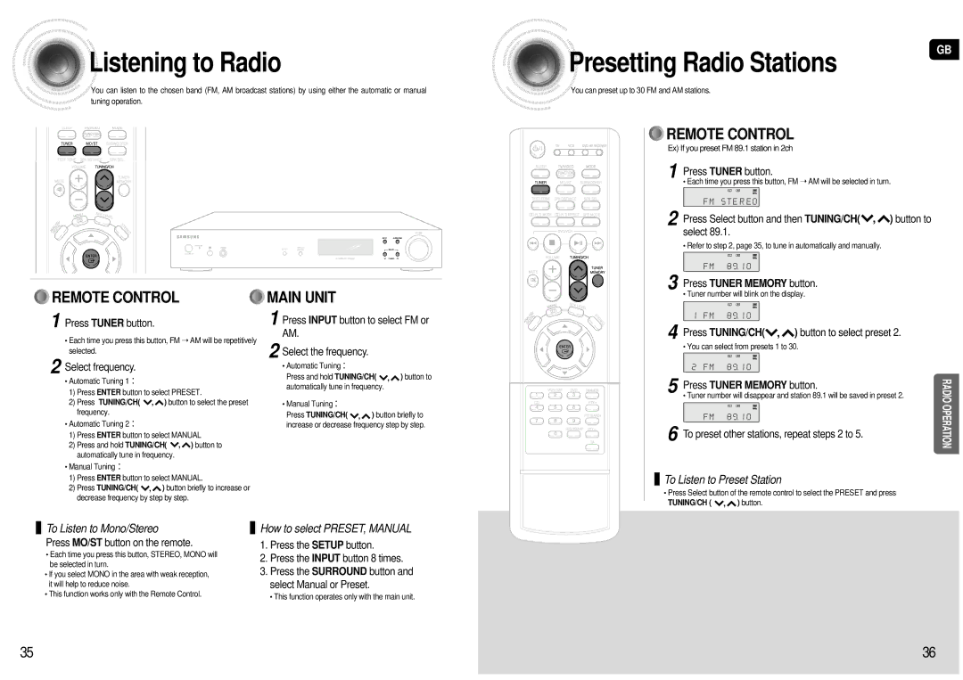 Samsung HT-AS600R/ELS manual Listening to Radio, Presetting Radio Stations 